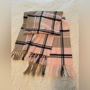 Pink Navy and Tan Plaid Fringe Scarf